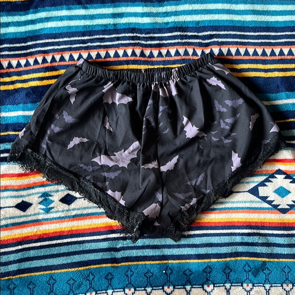 Black Bat Print Shorts with Lace Trim